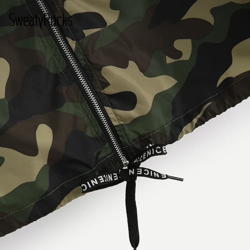 Finest  SweatyRocks Camo Print Drawstring Edge Hooded Windbreaker Jacket Active Wear 2018 Autumn Zip Up Ath