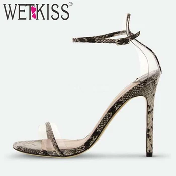 

WETKISS Snake Skin Sandals Women New Summer Sandals Woman Transparent Pvc Shoes Female Party Stiletto Heels High Shoes Ladies