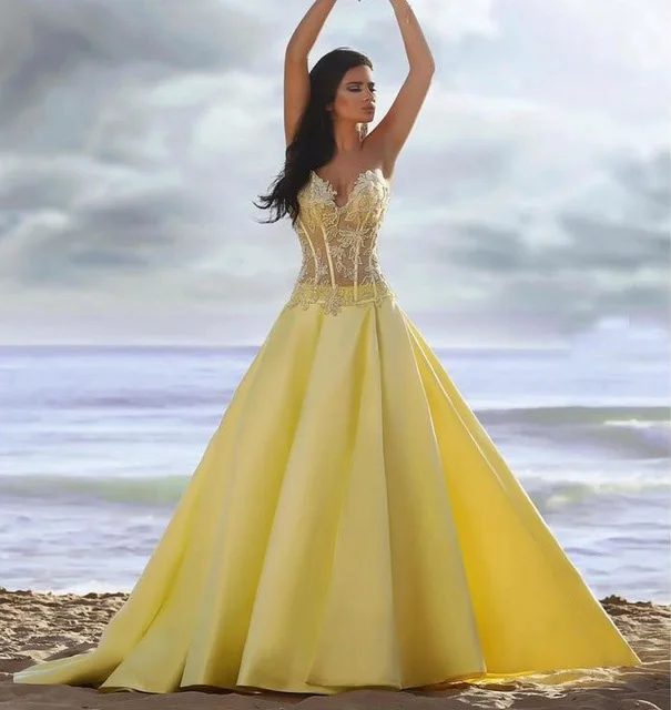

New Fashion Yellow Satin A-Line Prom Dresses Sweetheart Neck Evening Dress Long Party Gowns Vestidos de noite Abendkleider 2017