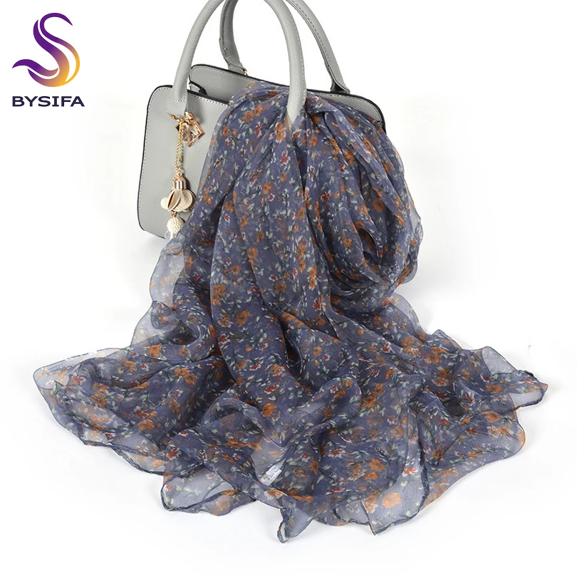 [BYSIFA] новые синие серые длинные шарфы с принтом для женщин шелковый шарф шаль весна осень тонкий шарф-снуд на голову, хиджаб 170*100 см