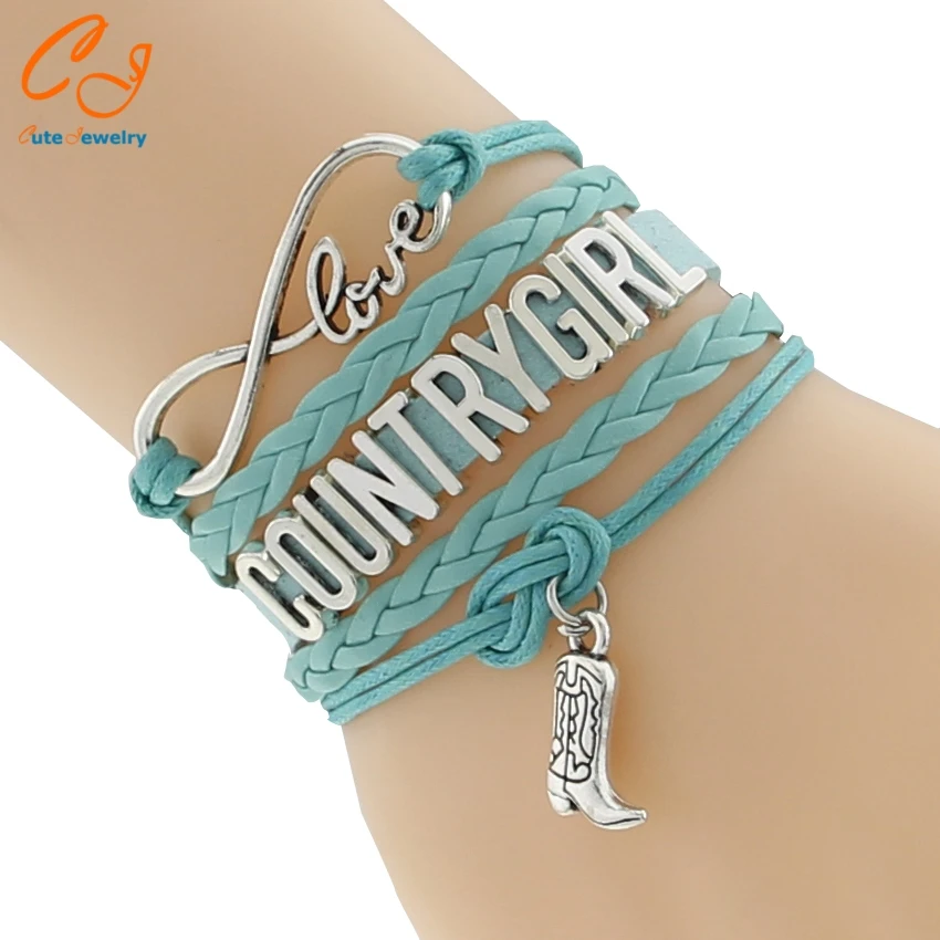 

2016 New Infinity Love 8 COUNTRYGIRL Bracelets Boots Charm Braid Leahter Jewelry Bangles Friendship Best Gifts For Girls