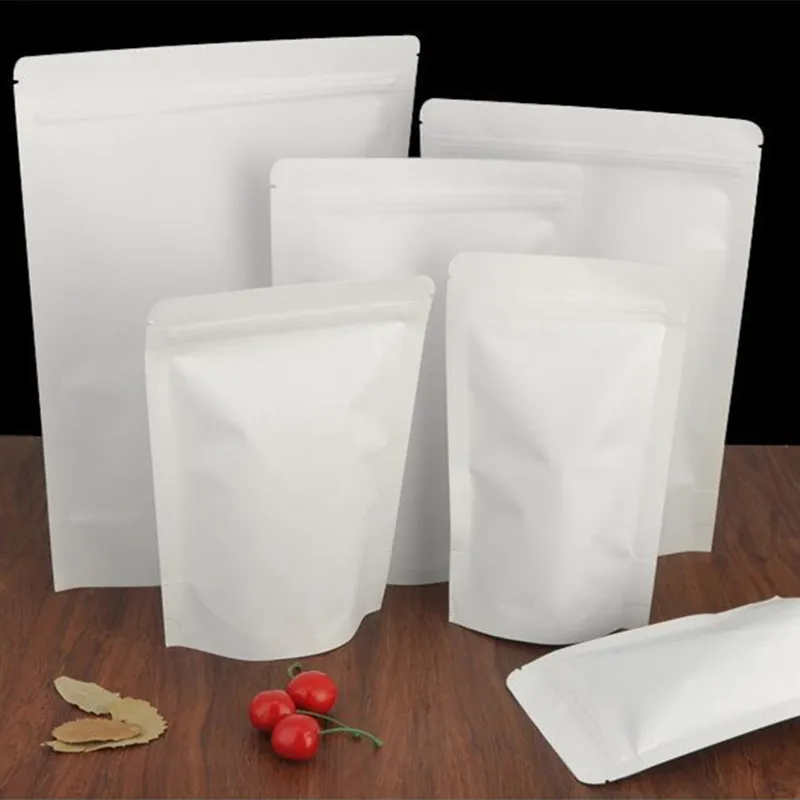50pcs/lot Stand up White Paper Ziplock Bag Food PE Inlay Resealable
