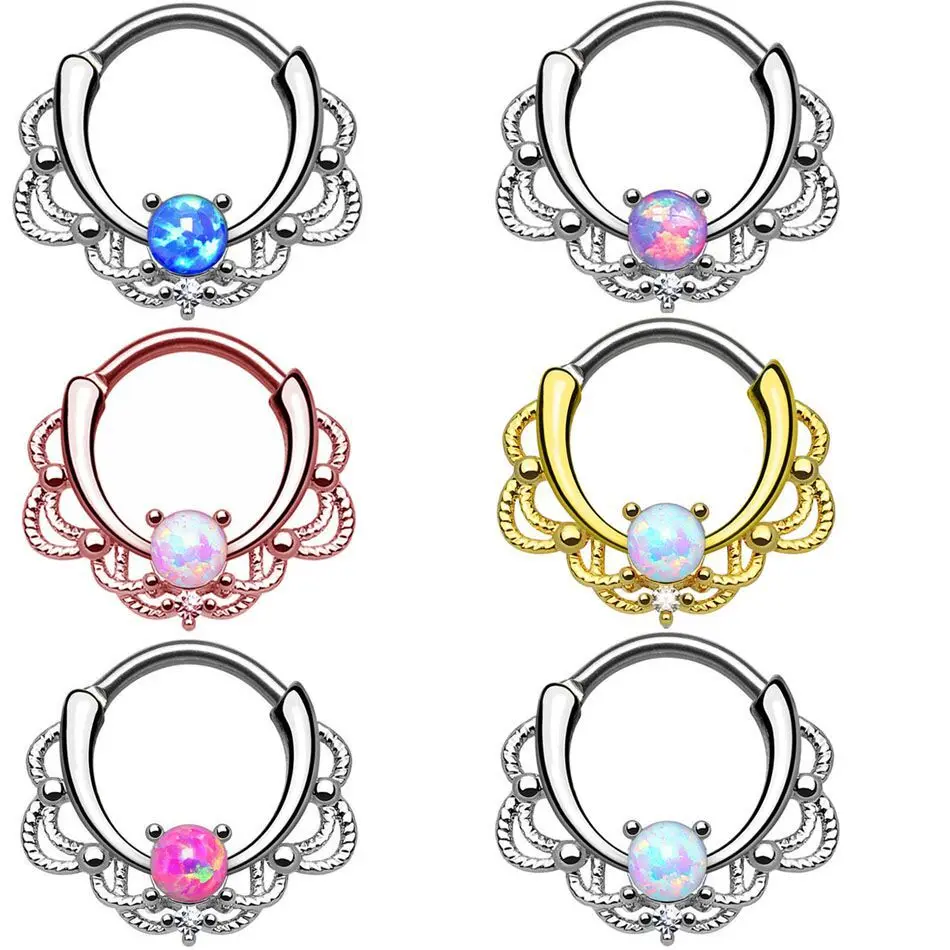 Vintage Bohemian Colorful Stone Lacey Hollow Out Copper Nose Ring Titanium Clicker Rings Body Piercing Jewelry | Украшения и