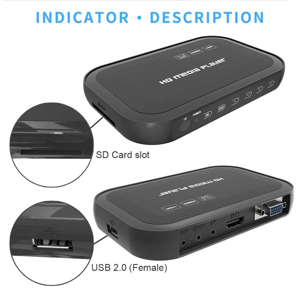 Цифровой USB Full HD 1080P HDD медиаплеер HDMI VGA SD MMC Поддержка DIVX AVI RMVB MP4 H.264 FLV MKV музыкальный фильм