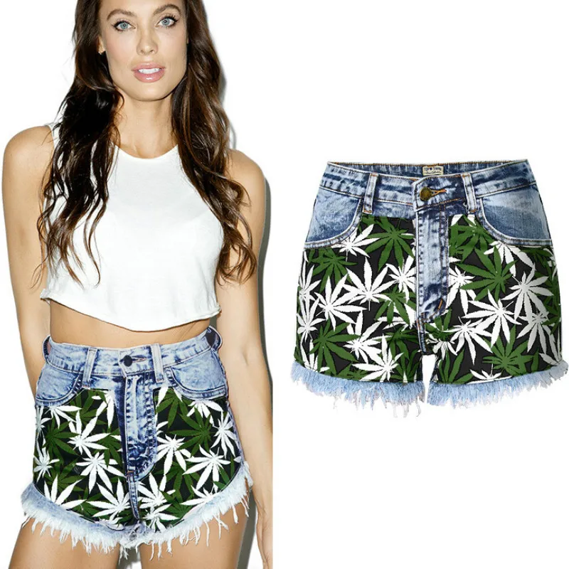 High Waist Jeans Shorts Women Fashion Snowflake Elasticity