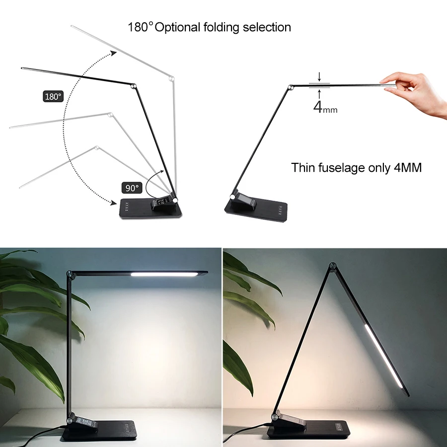  LED Desk Lamp Foldable Dimmable Touch Table Lamp with Calendar Time Alarm Clock Reading Table Light - 32984771257