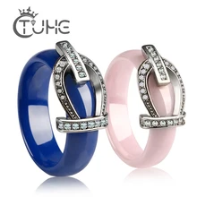 Новинка, Кристальное кольцо принцессы, корона, циркон, голубой, розовый, керамические обручальные кольца для женщин, девушек, невесты, свадебные модные ювелирные изделия
