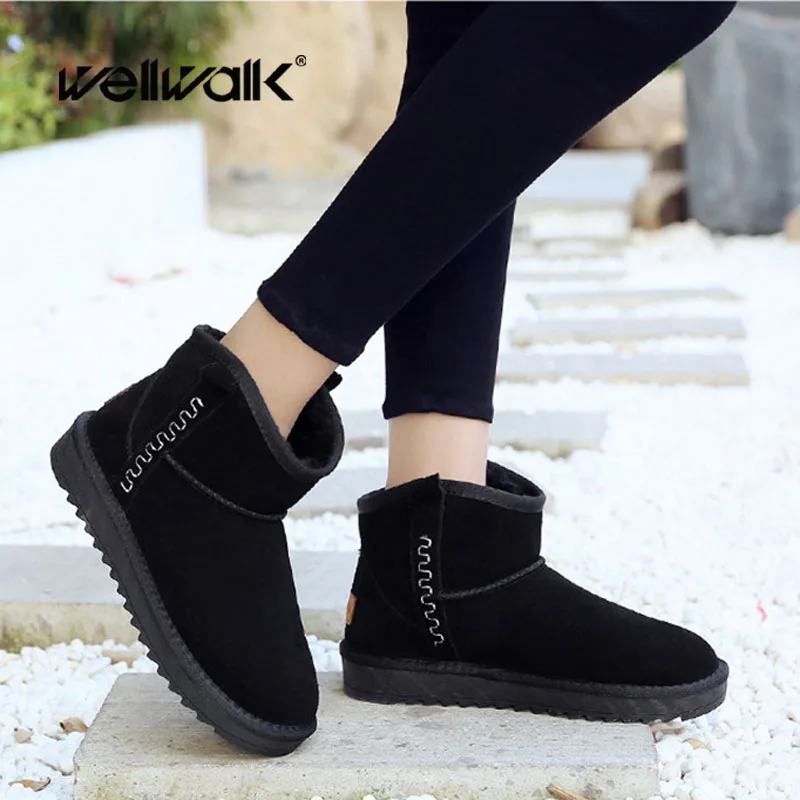 

Suede Leather Female winter Boots Slip On Black Ankle Boots Women Warm Winter Shoes Snow Boots With Fur Casual Flat Emu Booties