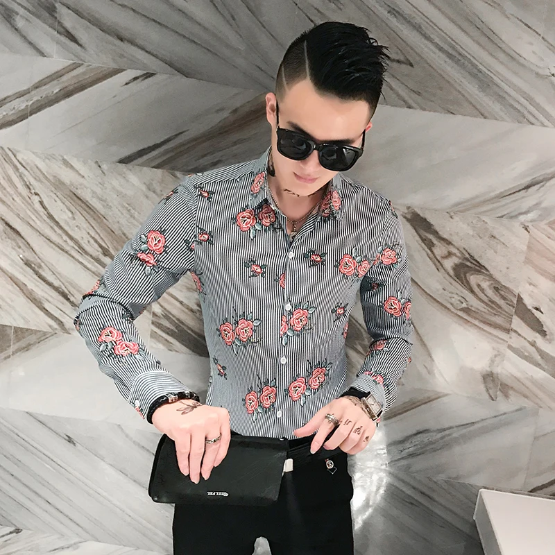 

Camisas Hombre Brand New 2019 Men Shirt Long Sleeve Fashion Striped Shirts For Men Streetwear Floral Mens Shirts Dress Tuxedo