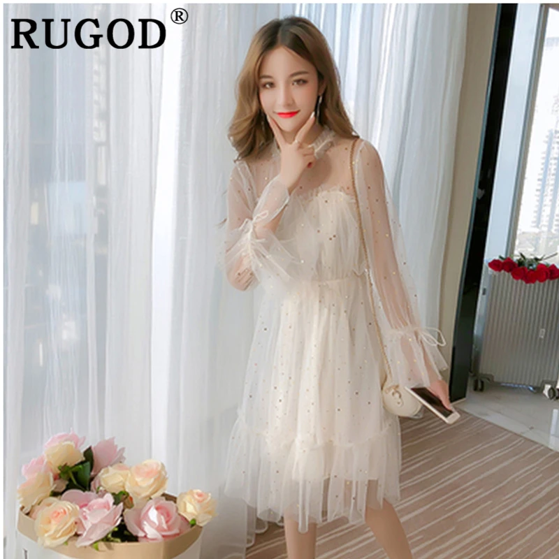 RUGOD 2019 сказочное Стильное женское платье Сетчатое лоскутное расшитое блестками с