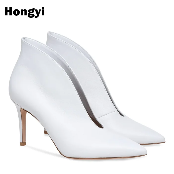

Spring/Autumn Soft Leather Short Boots High Heeled Shoes V mouth Pointed Women Dress Shoes Comfortable Ladies Boots