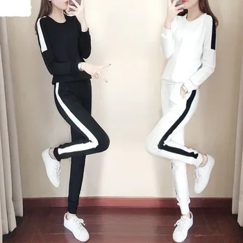 

*Cosy Women Long Sleeve Sweatshirt + Ankle-Length Pants two piece set Female clothes Fashion Striped tracksuit for women