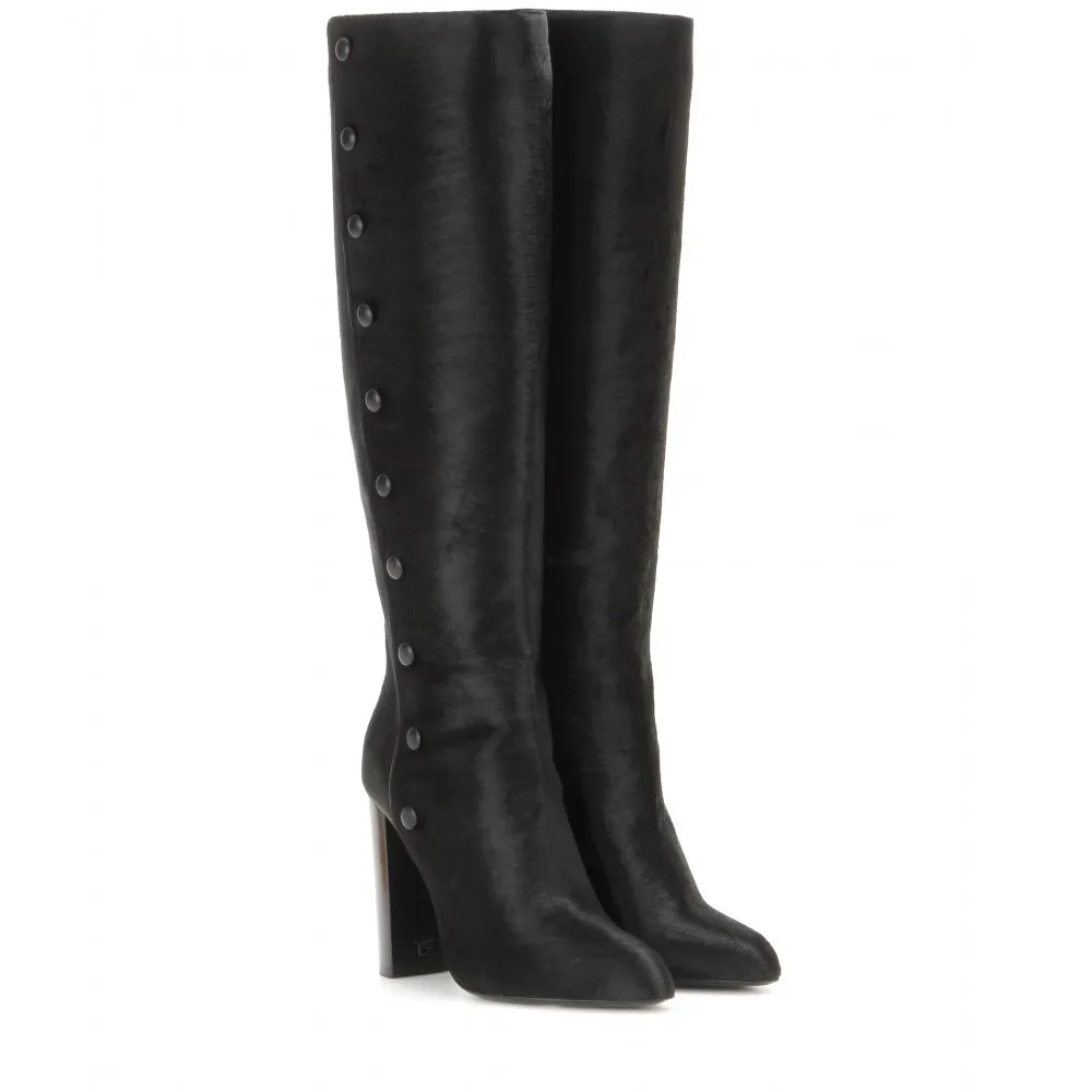 

High Quality Winter Fashion Horse Hair Leather Thick High Heel Women Knee High Boots Sexy Women Round T Shoes Free Ship