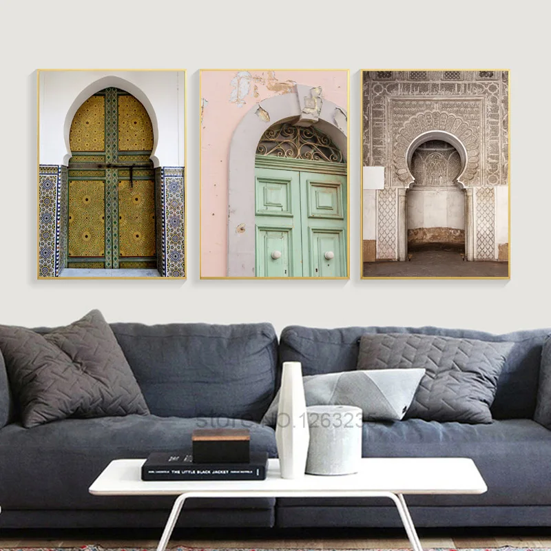 Mosque Door Nordic Poster Morocco Building Wall Art Canvas Painting Religion School Wall Pictures For Living Room Decor Unframed