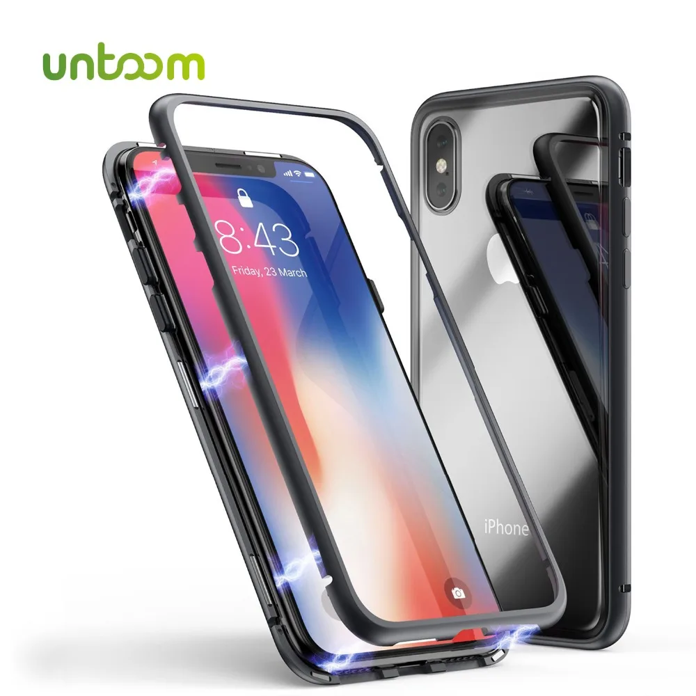 Goedkoop Untoom Magnetische Adsorptie Metalen Case voor iPhone X 7 7 Plus 8 8 Plus 9 H Gehard Glas Terug Telefoon case Cover voor iPhone 7 8 Plus X