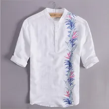Мужская льняная рубашка с коротким рукавом и цветочным принтом, летняя мужская рубашка с коротким рукавом в китайском стиле, повседневная мужская белая рубашка