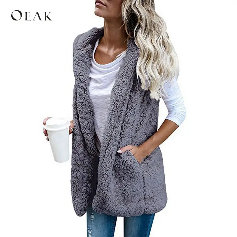 OEAK, женский осенний зимний жилет из искусственного меха, повседневный теплый жилет без рукавов с капюшоном, флисовый кардиган, пальто, куртка размера плюс 2XL
