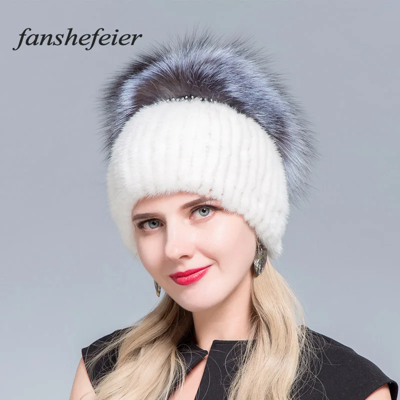 Fanshe, Новая зимняя Женская лыжная шапка, меховая шапка с капюшоном, мех серебристой лисы, вязаная теплая Высококачественная меховая норковая шапка ручной работы, прошитая текстура