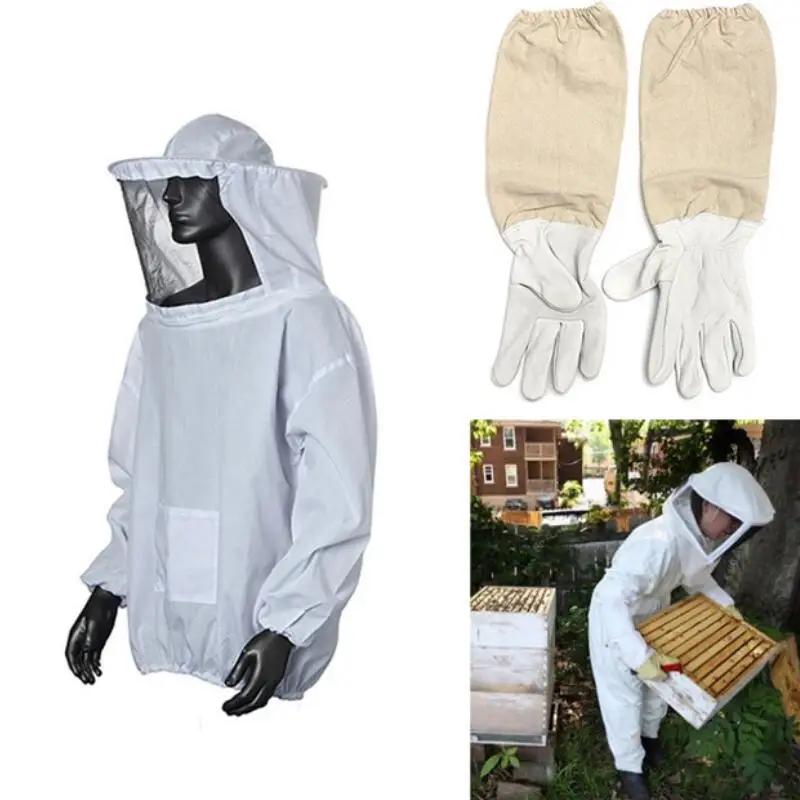

High Quality Protective Bee Keeping Jacket Veil Suit Smock Equipment+1 Pair Beekeeping Long Sleeve Gloves+1 pcs Brush+1 pcs Hive