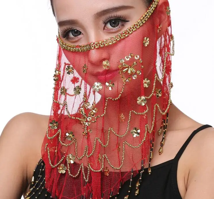 Женская вышитая сетчатая вуаль для танца живота, Цветочная вуаль сливы, индийский танцевальный костюм, ювелирные изделия, реквизит, маска для лица - Цвет: Красный