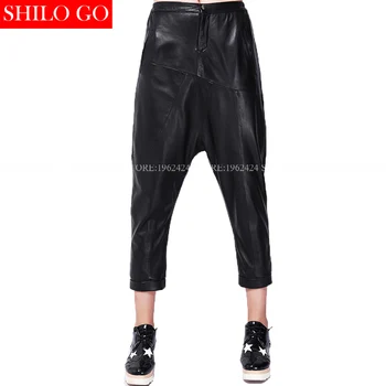

Plus size fashion spring women high quality Sheepskin low waist tidal style street style Cross-pants Genuine Leather pants XXXL