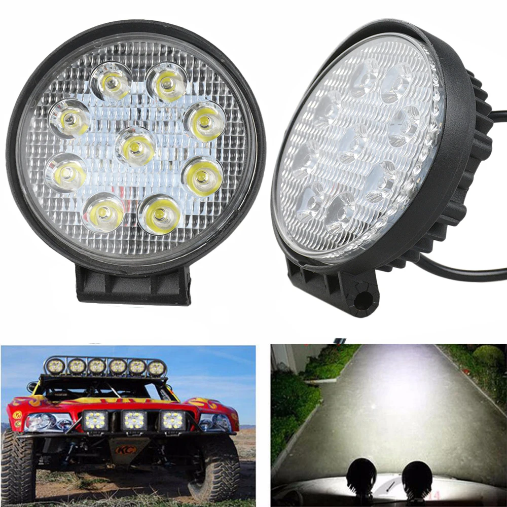 2pcs 4 Inch 27W LED Work Light Floodlight 12V 24V Round LED Offroad