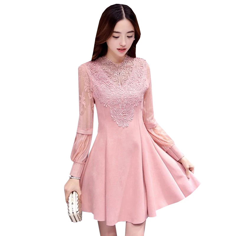

Women Faux Suede Dress New Autumn Vintage Lace Patchwork Dresses Lantern Sleeve Slim Elegant Dress Party Vestidos AB125