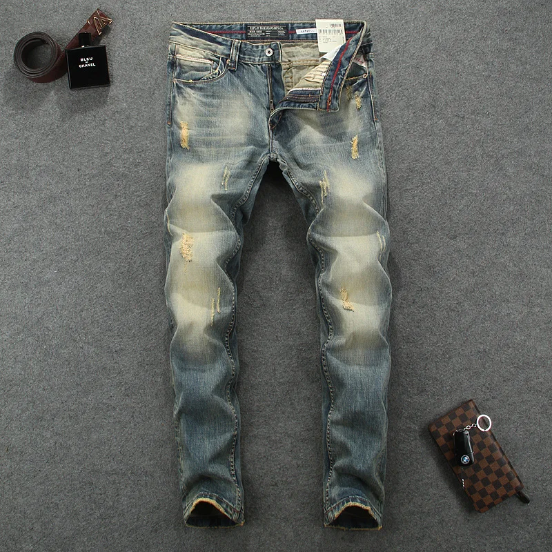 ФОТО Fashion Designer Men Jeans Vintage Grinding Yellow Process Skinny Fit Retro Ripped Jeans Men Distressed Pants High Quality 