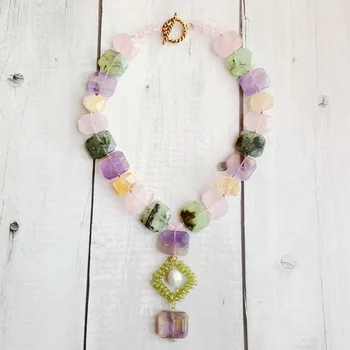 

Lii Ji Natural Stone Ametrine Citrine Prehnite Rose Quartz Baroque Pearl Necklace OT Clasp Women Jewelry