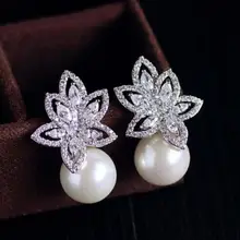 Jankelly имитация жемчужного листа Коллекция Полный микро инкрустация кубическим цирконием для женщин Свадебное обручение серьги ювелирные изделия наркомания цена