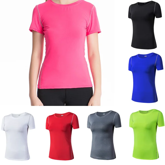 Women Ladies Solid Color Quick Dry Short Sleeve T Shirt Fitness ...