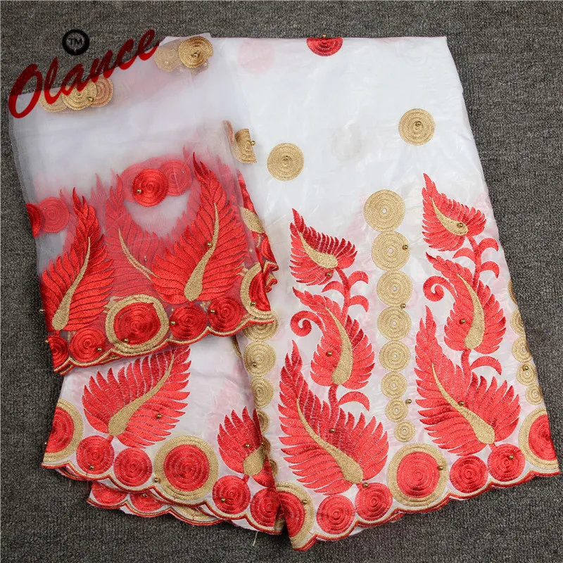 

Pure white with Red Embroidered guipure lace HLB9 7 yards a lot Tulle Lace Fabric new design bazin riche getzner