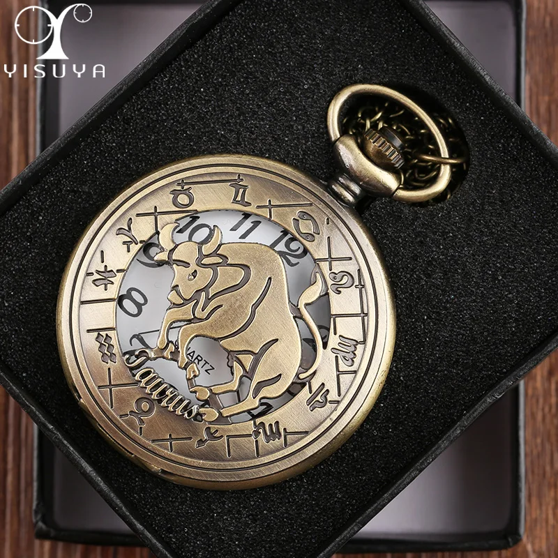 Карманные часы зодиака стимпанк Винтаж Повседневные часы Taurus случае Цепочки и ожерелья цепь черный подарочная коробка часы Relogio де Bolso