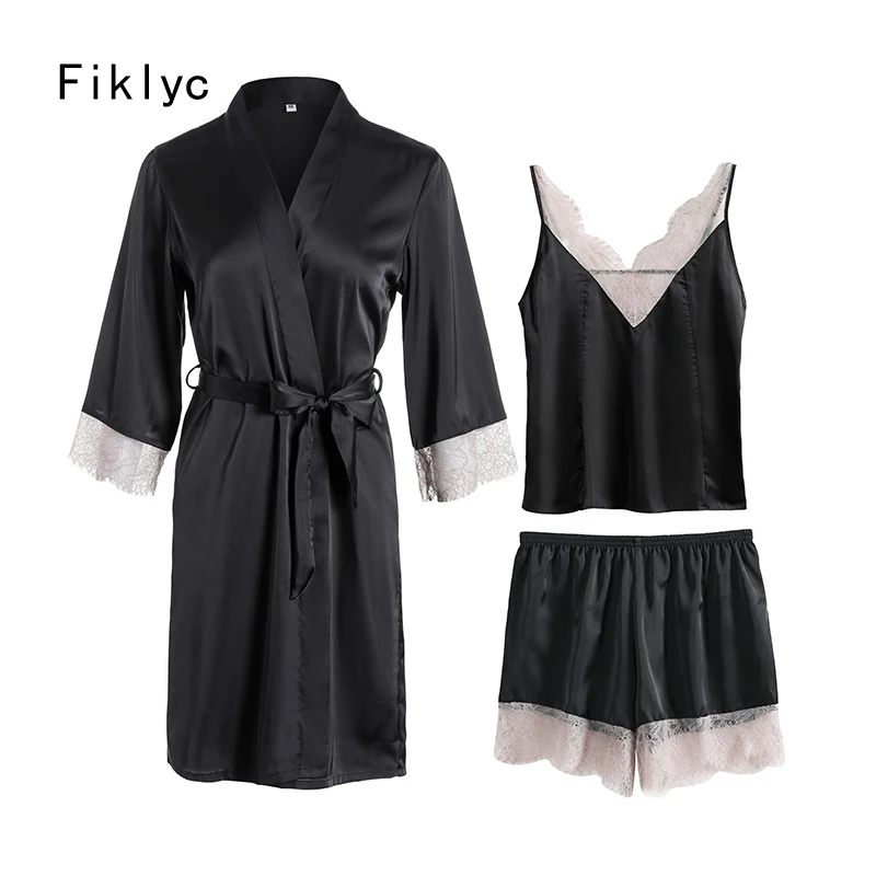 

Fiklyc underwear women's summer three-pieces short pants pajamas sets with long sleeve bathrobe sexy lace faux silk nightwear