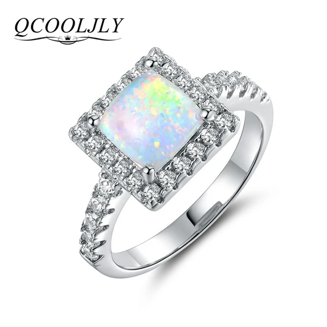 Qcooljly 2017 Fashion Square White Fire Opal Wedding Rings For Women Qcooljly 2017 Fashion Square White Fire Opal Wedding Rings For Women Silver Color Cz Zircon Crystal