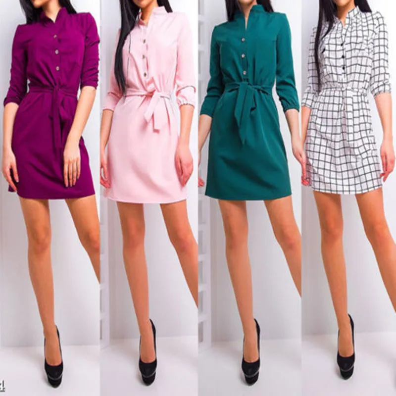 

2018 New Autumn Stand Collar Long Sleeve Four Color Botton Irregular Big Size Solid Dress Women Fashion Tide