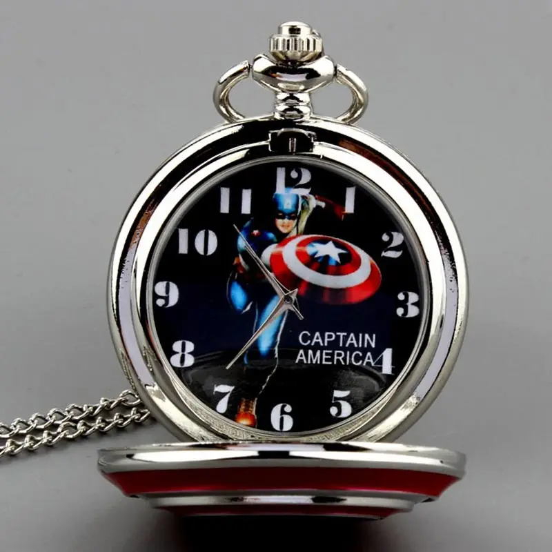 Винтаж Капитан Америка щит кварцевые карманные часы ожерелье для мужчин и женщин Звезда Серебряный чехол Флип брелок цепь часы кулон дети