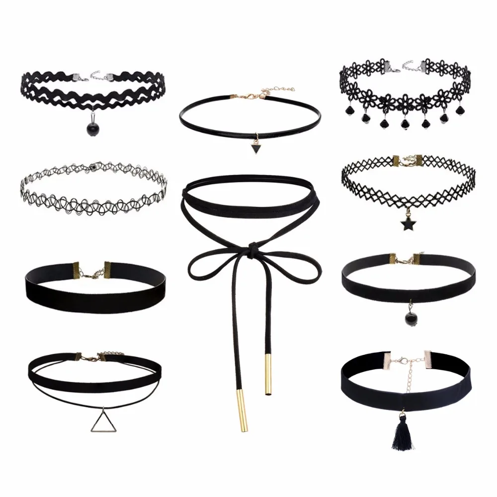 

Ten Sets harajuku Black Lace Collar Statement Necklaces Fashion Vintage Chokers Velvet Ribbons Choker Necklace For Women RBZ105