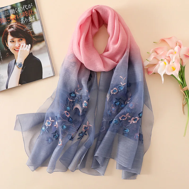 

2020 spring winter women scarf fashion Embroidery wool silk scarves shawls and wraps lady pashmina stoles bandana