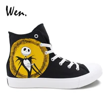 Wen Unisex Design Hand Painted Custom Shoes Nightmare Before Christmas High Top Canvas Shoes Black Lace Up Skateboard Sneakers