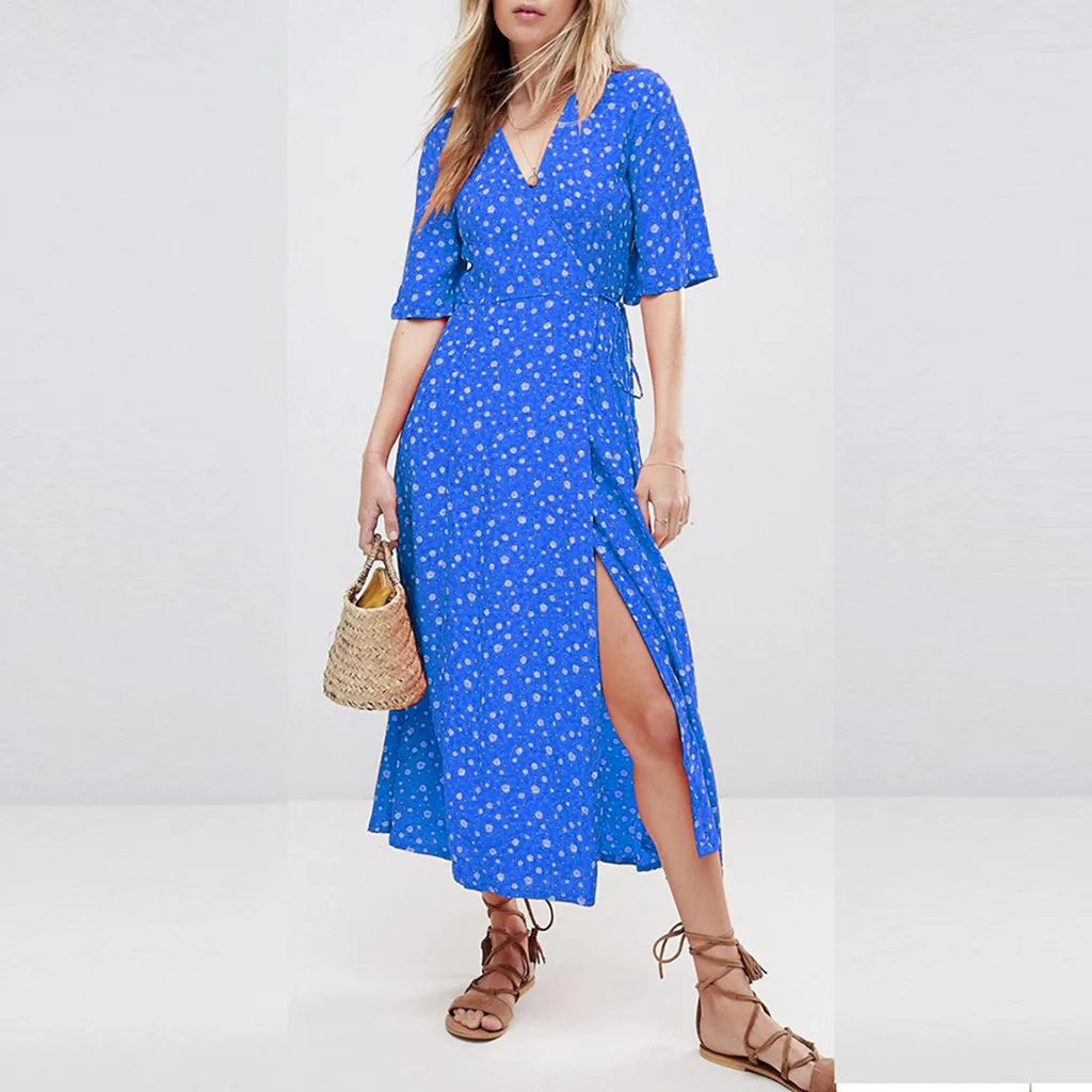 

Bohemian Summer Ladies Dress Multicolor V Neck Dot Printed Beach Long Dresses Vintage Short Slevve Party Dresses vestido verano