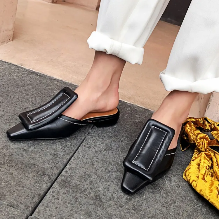 

INS hot brand design Mules chunky High Genuine Leather Women Pumps Square Toe Footwear Spring summer Fashion Ladies Shoes woman