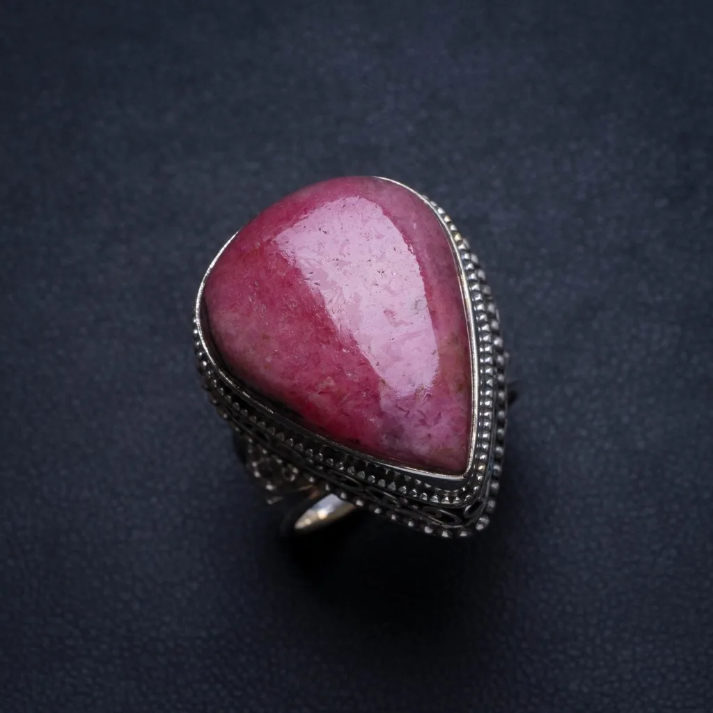 

Natural Rhodonite Antique Design Handmade Unique 925 Sterling Silver Ring, US size 8 T5593