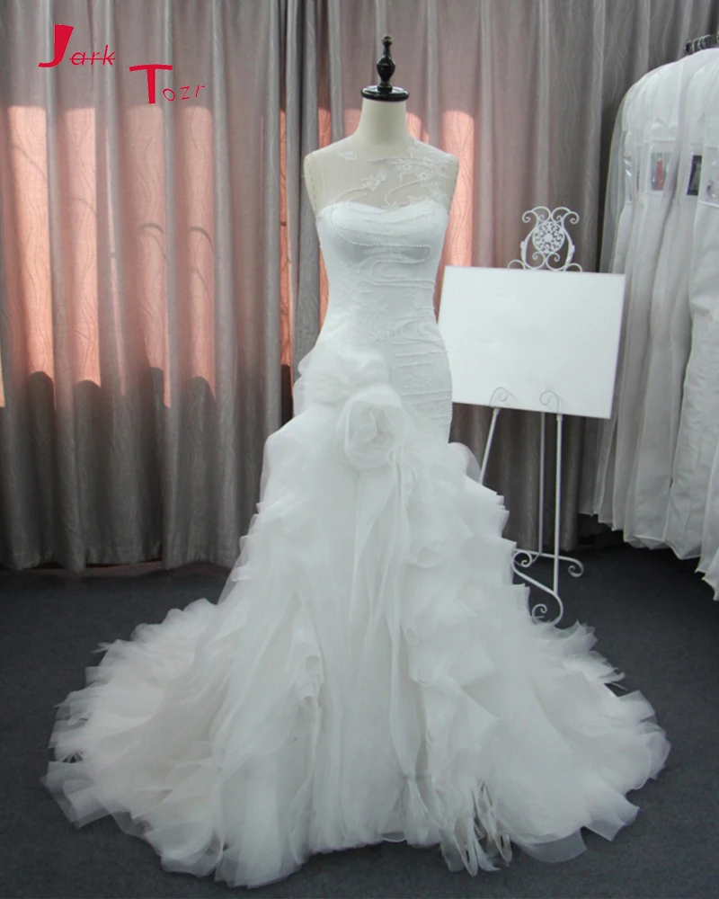 

Jark Tozr 2019 New Arrive Open Back Tiered Skirt Beading Lace Flower Ivory Mermaid Wedding Dresses Vestido De Noiva Sereia