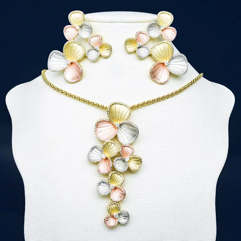 

ModemAngel Luxury Flowers Super 3Tone Copper Pendant Necklace Earring Set Wedding Engagement Bridal Party Fashion Jewelry
