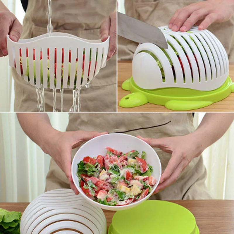

Plastic Fruits Salad Cutter Bowl Vegetable Quick Slicer Kitchen Holder Gadget Handheld Salad Dressing Cutting Spinner Cooking