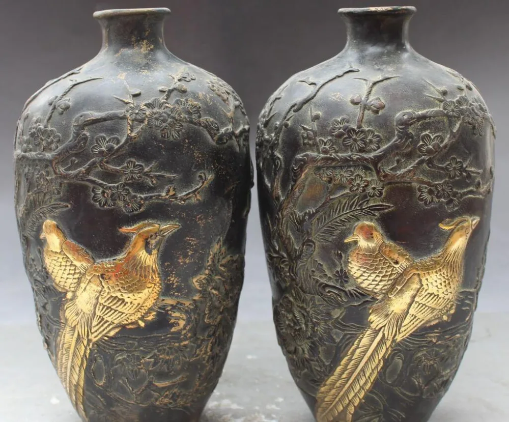 

6710996++8"Old Marked Chinese Bronze Gilt Carving Flower Bird Vase Bottle Pot Statue Pair