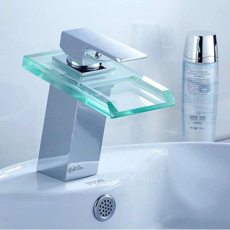 led cambia vetro finitura ottone cascata singola maniglia bagno vasca da bagno lavabo rubinetto del bacino