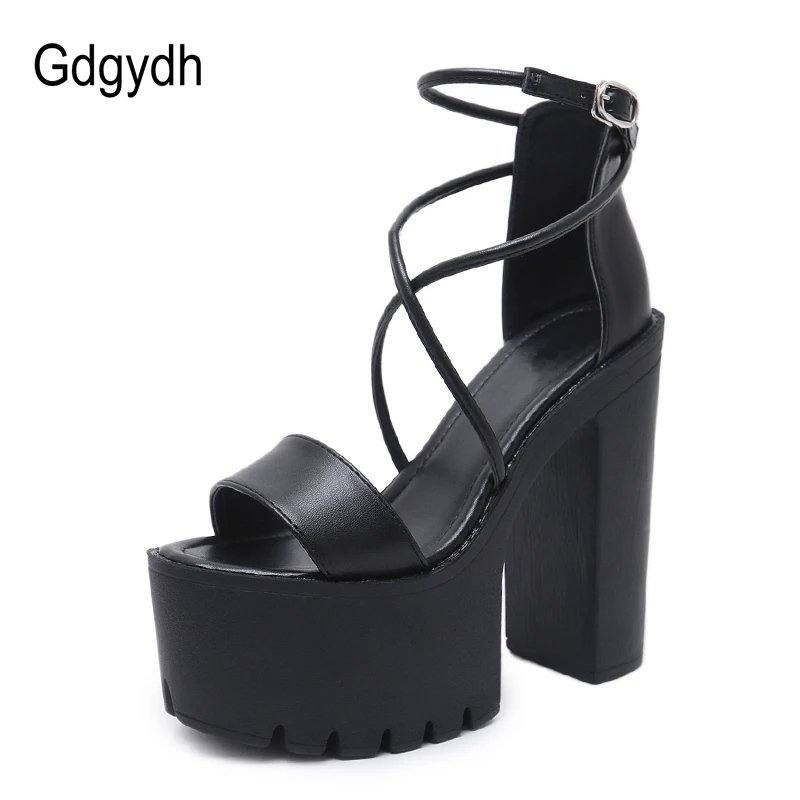 US $27.99 Gdgydh Platform Shoes For Summer Extreme High Heels Sandals Open Toe Fashion Buckle Block Heels Punk Black Leather Good Quality