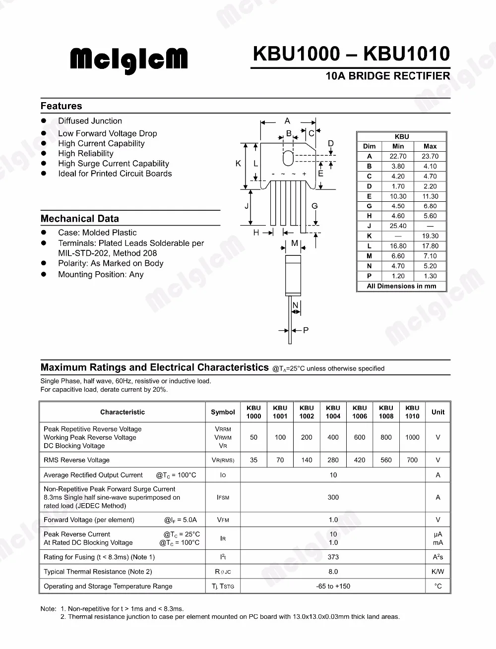 MCIGICM 5PCS 10A 1000V diode bridge rectifier kbu1010